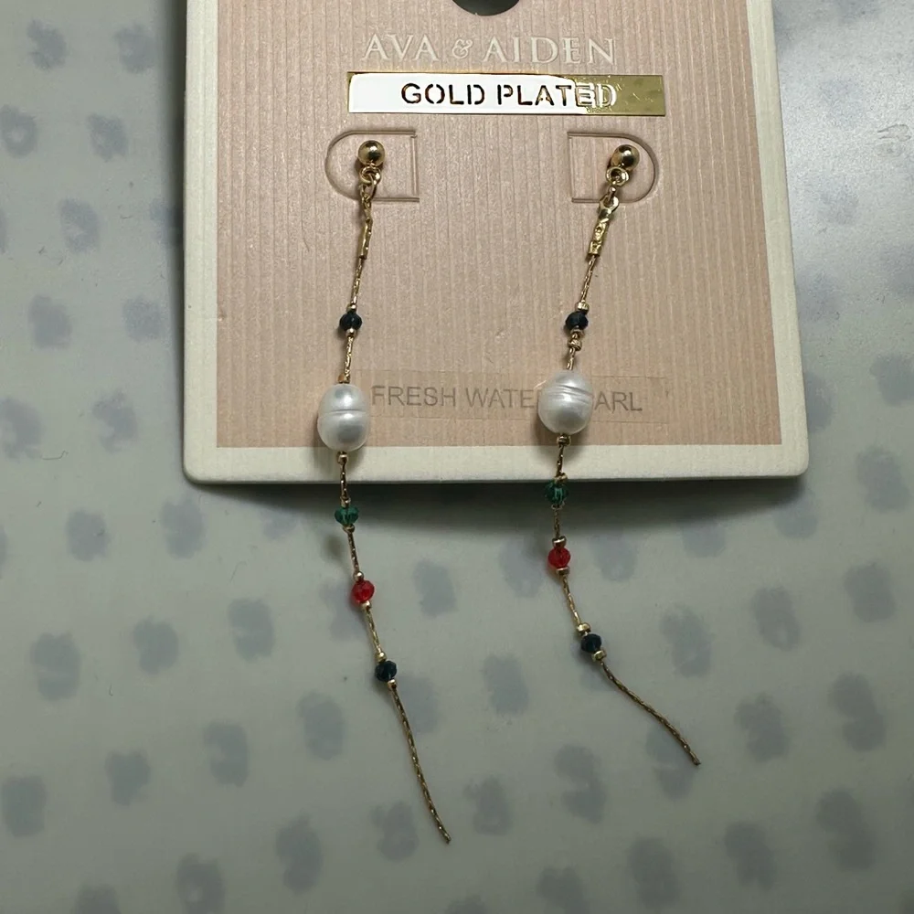 Ava & Aiden Gold-Plated Drop Earrings with White Pearls and Multicolor Beads - Picture 1 of 2
